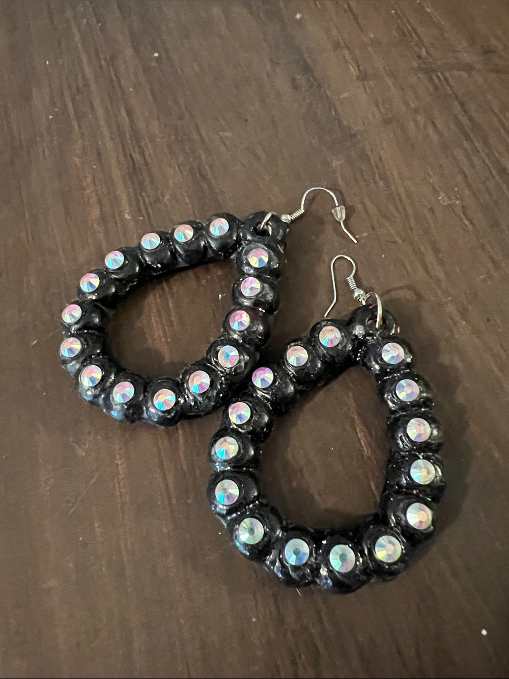 Black Teardrop clay Hoop Earrings with Iridescent Stones -